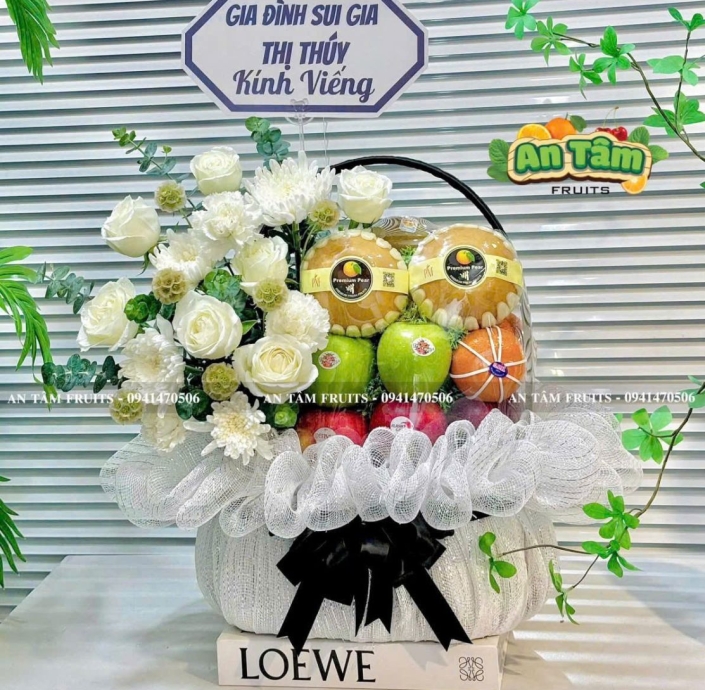 GIỎ TRÁI CÂY KÍNH VIẾNG MIX HOA TRẮNG ĐÁM TANG