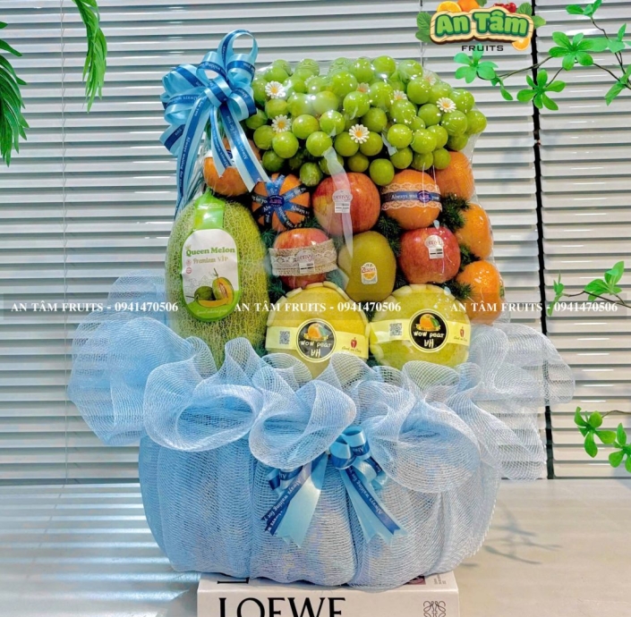 GIỎ TRÁI CÂY TONE XANH DƯƠNG HIỆN ĐẠI CAO TO NẶNG