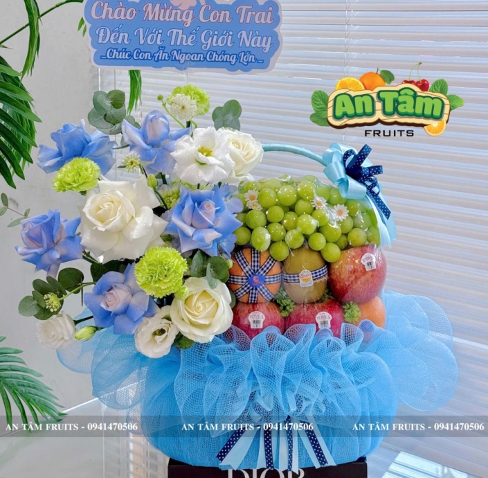 GIỎ TRÁI CÂY TONE XANH DƯƠNG CHÚC MỪNG BÉ TRAI CHÀO ĐỜI