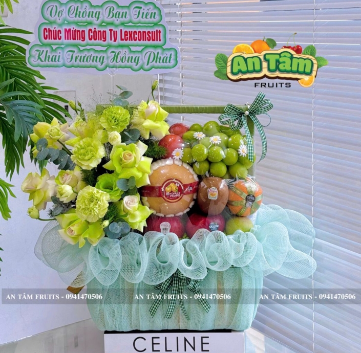 GIỎ HOA TRÁI CÂY TONE XANH CHÚC MỪNG KHAI TRƯƠNG