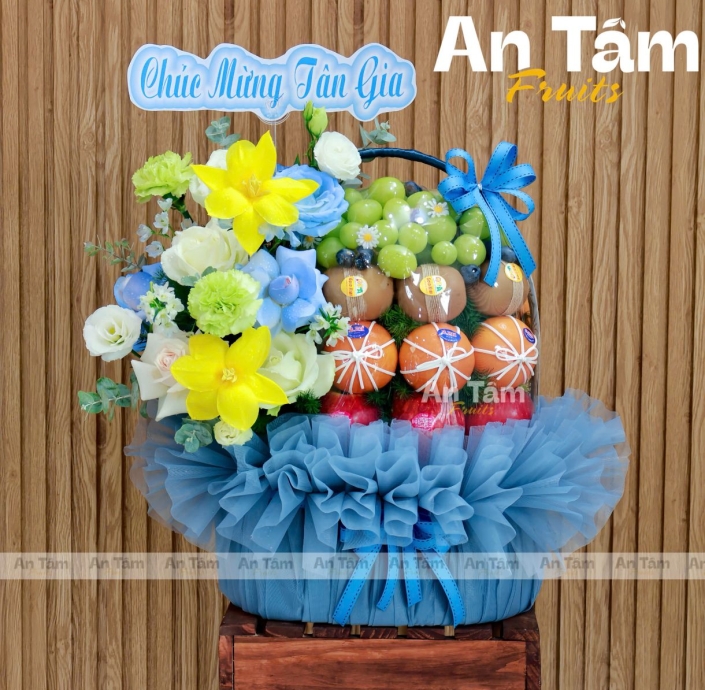 GIỎ TRÁI CÂY TONE XANH CHÚC MỪNG TÂN GIA NHÀ MỚI