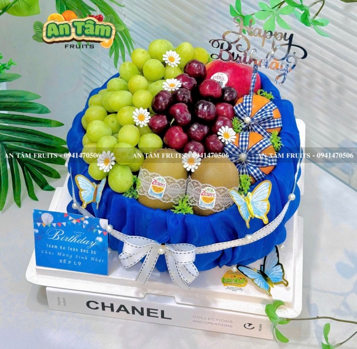 BÁNH KEM TRÁI CÂY TONE XANH DƯƠNG SIÊU SANG 