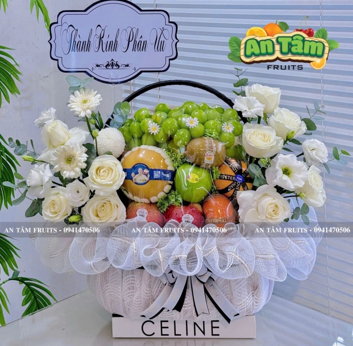 GIỎ KÍNH VIẾNG PHỐI HOA 2 BÊN 