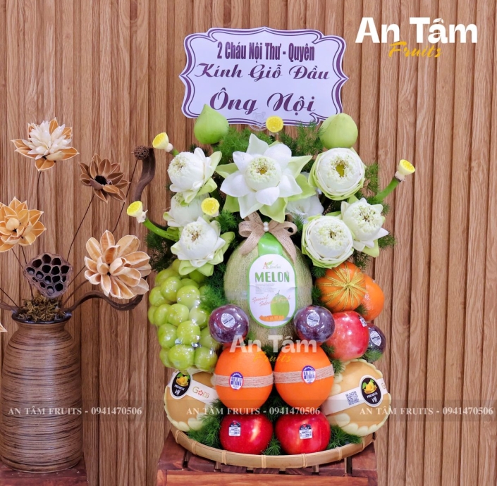 KHAY TRÁI CÂY DÂNG HƯƠNG PHỐI HOA TRANG NGHIÊM