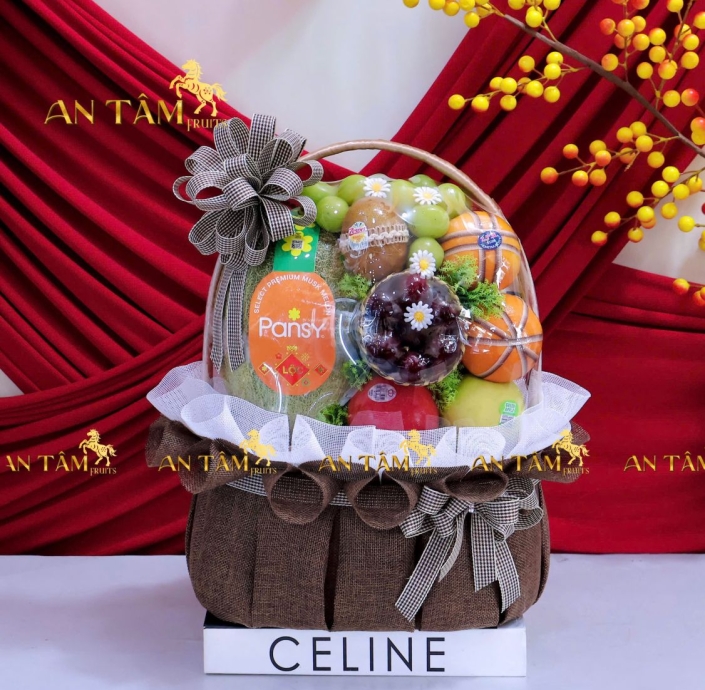 GIỎ TRÁI CÂY TONE NÂU MIX CHERRY SIÊU SANG 