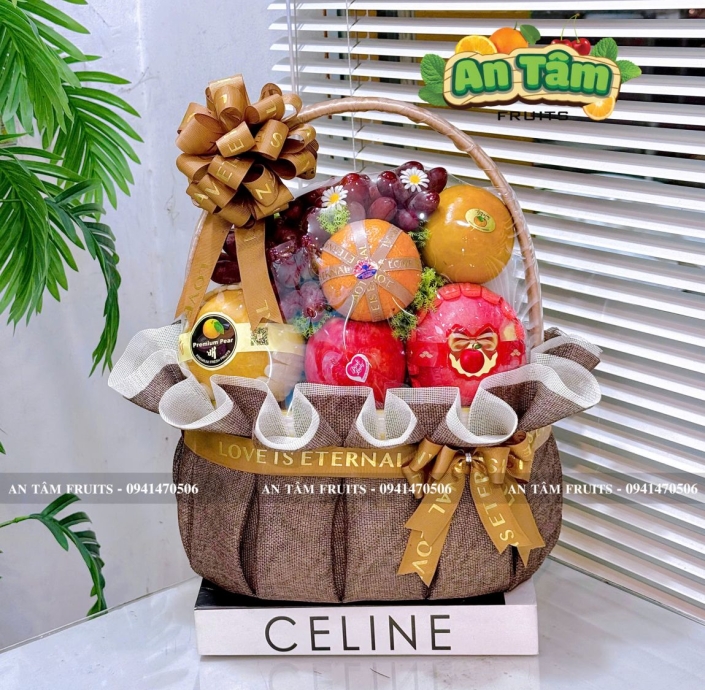 Giỏ trái cây tone nâu kính lễ 