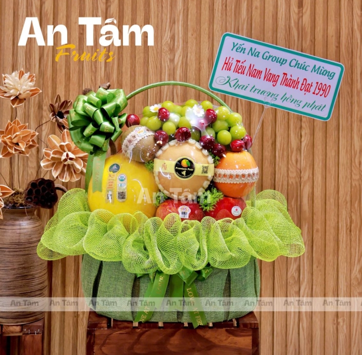GIỎ TRÁI CÂY CHÚC MỪNG KHAI TRƯƠNG TONE XANH LÁ XINH IU