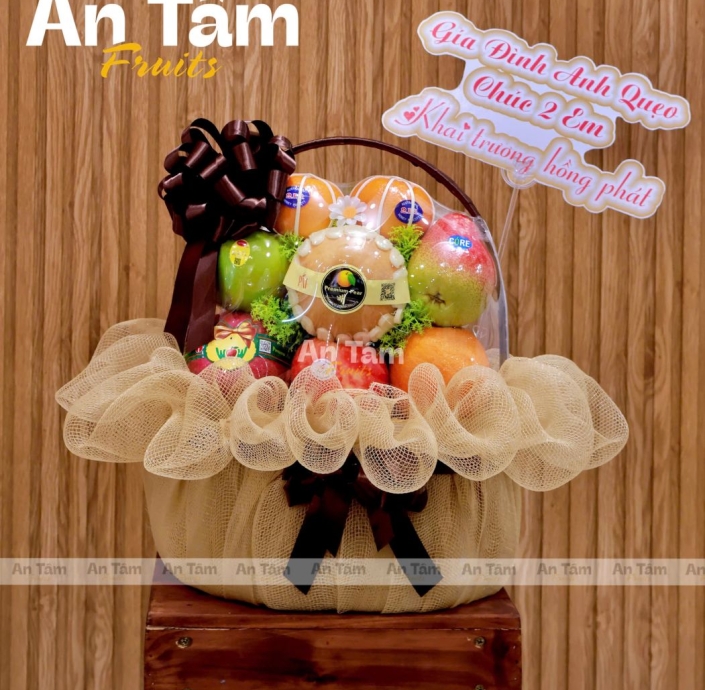GIỎ TRÁI CÂY TONE NÂU TRẦM CHÚC MỪNG KHAI TRƯƠNG