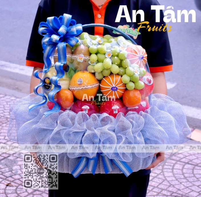 GIỎ TRÁI CÂY FULL TRÁI SANG TRỌNG TONE XÁM XANH