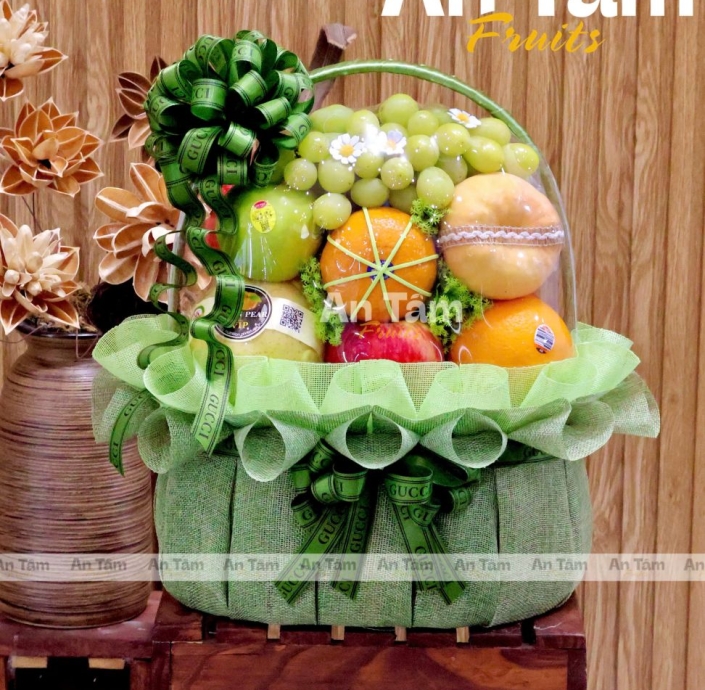 GIỎ TRÁI CÂY TONE XANH TRANG TRỌNG KÍNH LỄ 