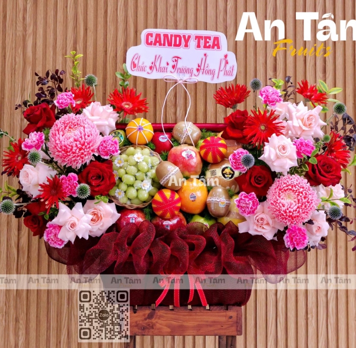 GIỎ TRÁI CÂY PHỐI HOA 2 BÊN CHÚC MỪNG KHAI TRƯƠNG