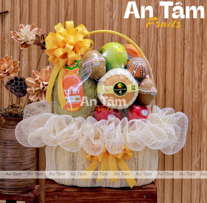 GIỎ TRÁI CÂY KHÔNG NHO DÂNG HƯƠNG TONE KEM KIM TUYẾN TRANG NHÃ 