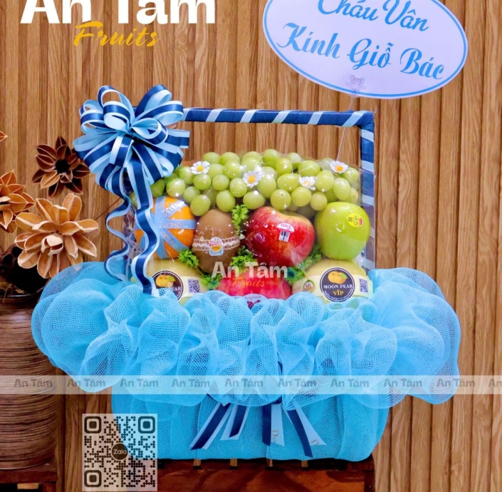 GIỎ TRÁI CÂY TONE XANH DƯƠNG KÍNH GIỖ
