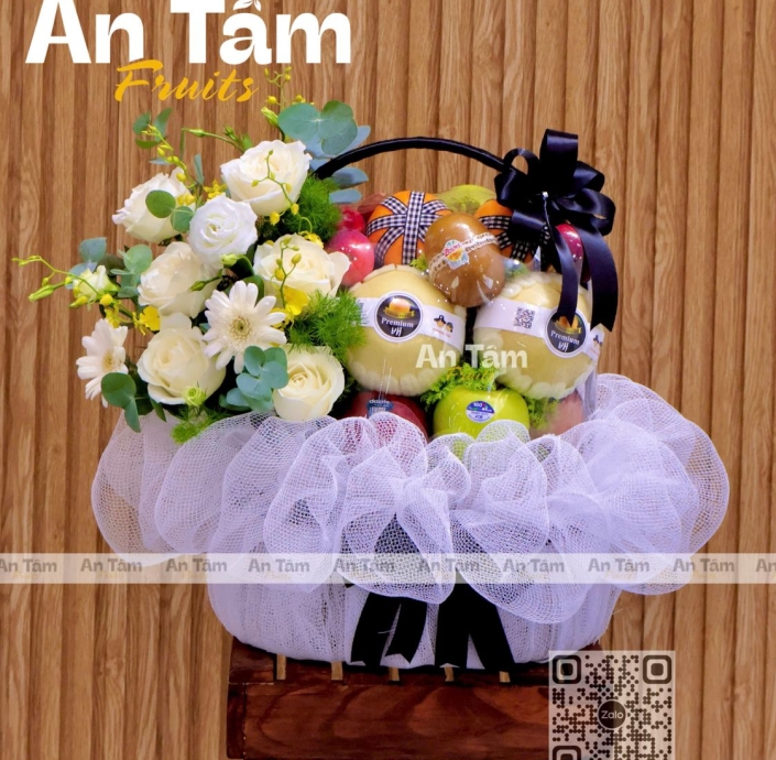 GIỎ TRÁI CÂY KÍNH VIẾNG FULL TRÁI MIX HOA 