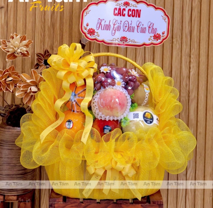 GIỎ TRÁI CÂY TONE VÀNG KÍNH GIỖ 