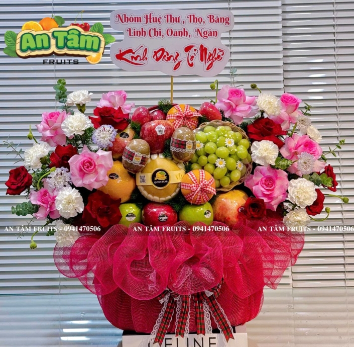GIỎ TÁI CÂY PHỐI HOA 2 BÊN TONE ĐỎ 
