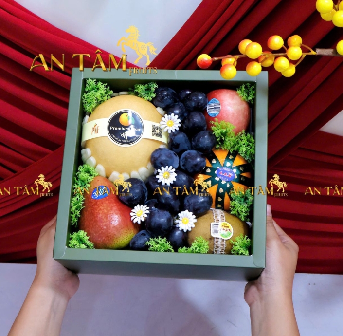 HỘP TRÁI CÂY TONE XANH RÊU MIX TRÁI
