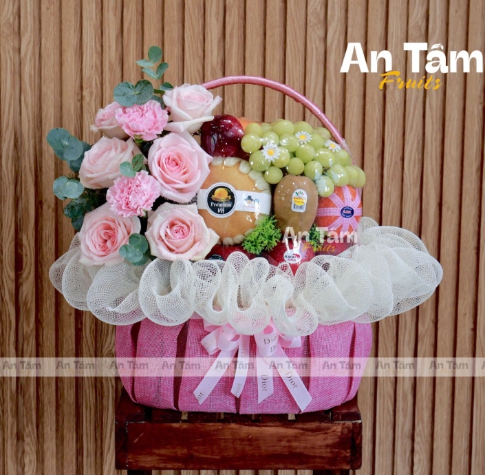 GIỎ TRÁI CÂY PHỐI HOA TONE HỒNG