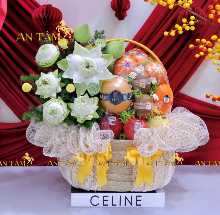 GIỎ TRÁI CÂY PHỐI HOA SEN TRẮNG KÍNH GIỖ
