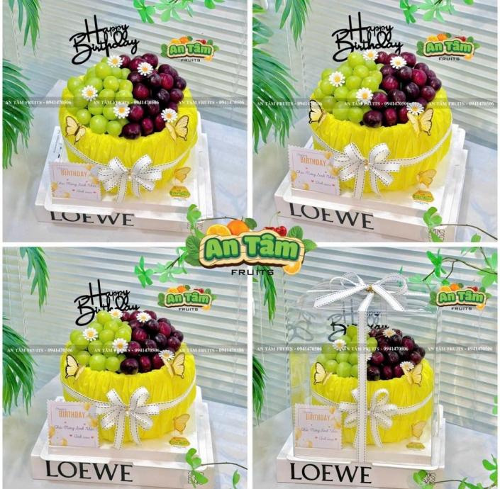 BÁNH KEM TRÁI CÂY MIX NHO XANH VÀ CHERRY SIZE NHỎ TONE VÀNG