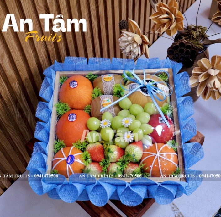 KHAY TRÁI CÂY MIX ĐỦ LOẠI TRÁI TONE XANH DƯƠNG 