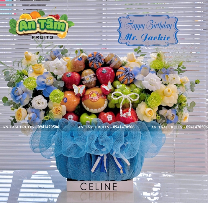 Giỏ quà tặng trái cây tặng sinh nhật tone xanh dương