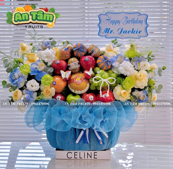 Giỏ quà tặng trái cây tặng sinh nhật tone xanh dương