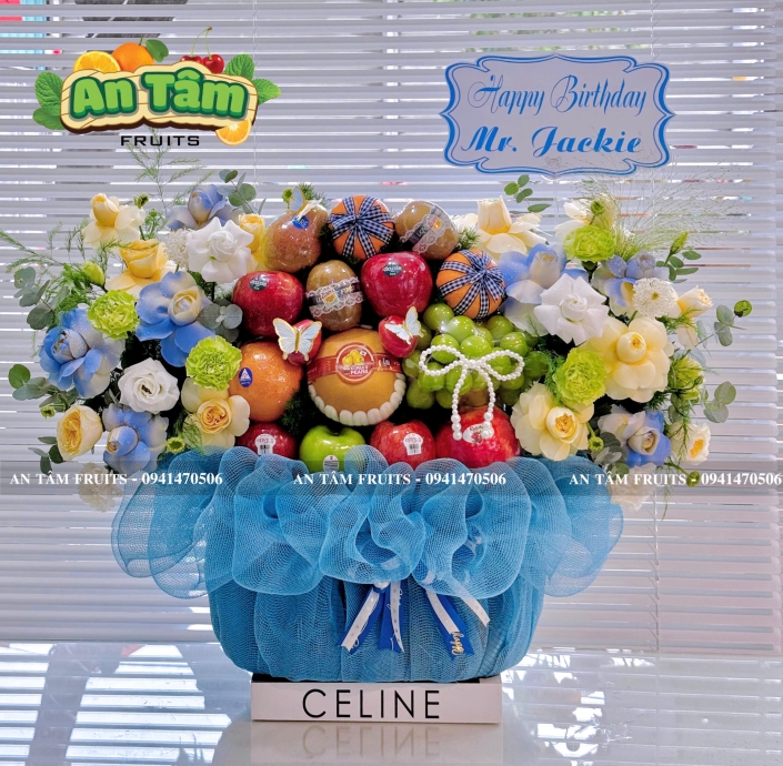 Giỏ quà tặng trái cây tặng sinh nhật tone xanh dương