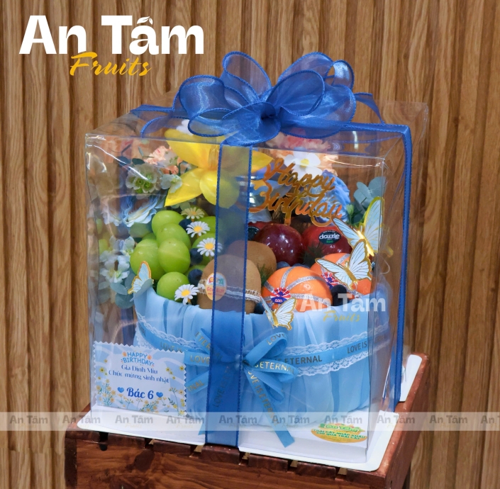 BÁNH KEM TRÁI CÂY KHÔNG BÉO TONE XANH DA TRỜI