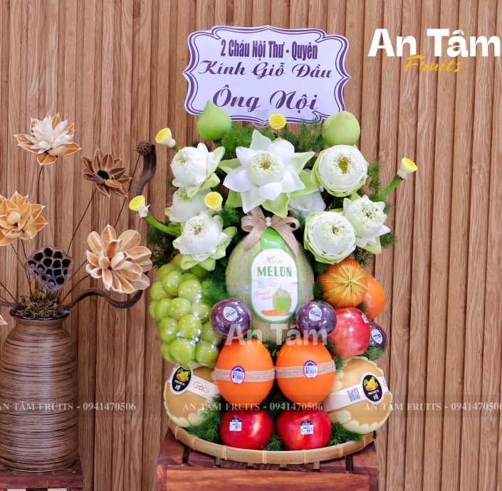 KHAY TRÁI CÂY DÂNG HƯƠNG PHỐI HOA TRANG NGHIÊM