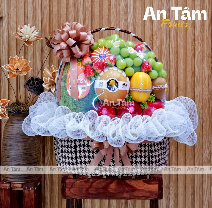 GIỎ TRÁI CÂY TONE NÂU CARO KÍNH GIỖ SIÊU SANG