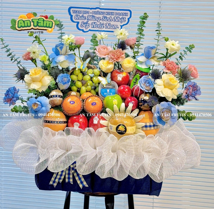 GIỎ TRÁI CÂY PHỐI HOA TONE XANH TẶNG SẾP SIZE SIÊU LỚN