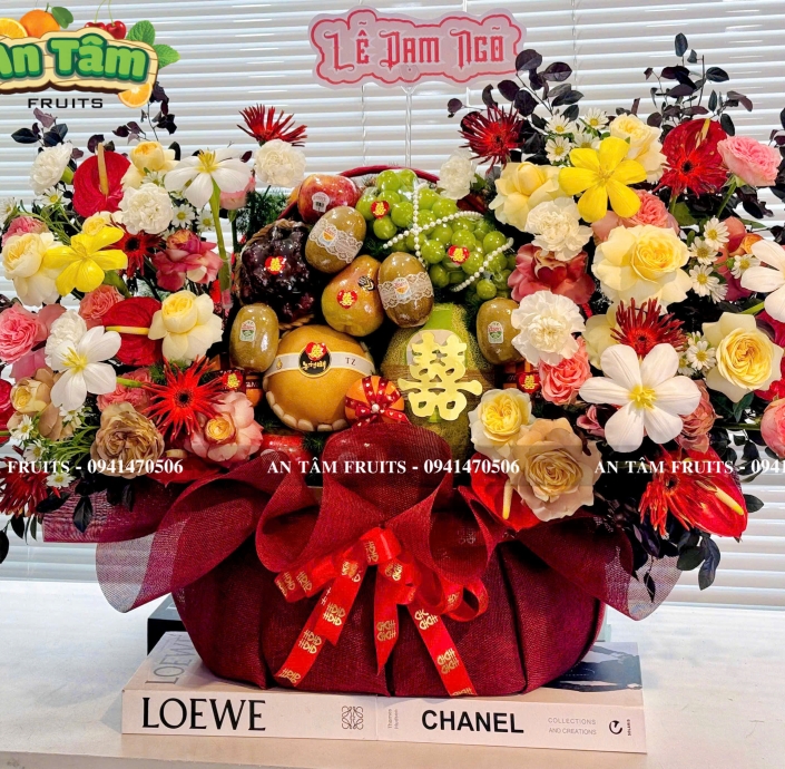 GIỎ DẠM NGỎ HOA TRÁI CÂY TONE ĐỎ SIÊU TO SIÊU NẶNG