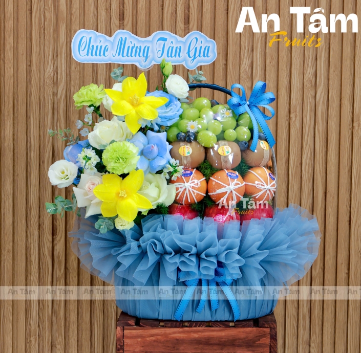 GIỎ TRÁI CÂY TONE XANH CHÚC MỪNG TÂN GIA NHÀ MỚI