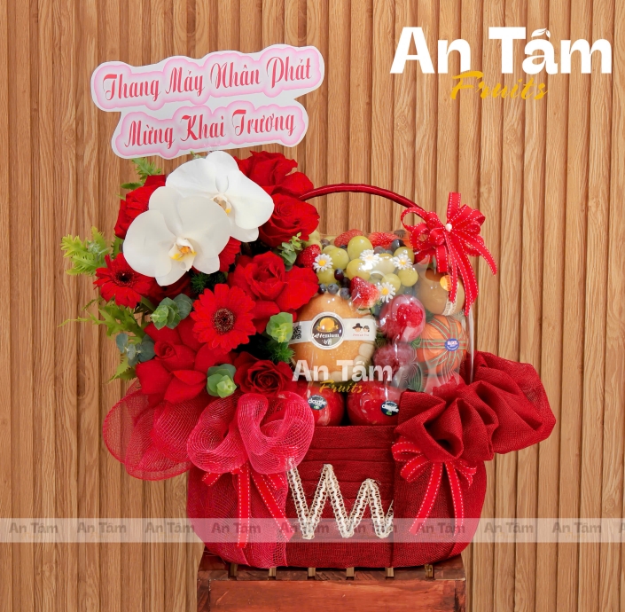GIỎ TRÁI CÂY TONE ĐỎ CHÚC MỪNG KHAI TRƯƠNG