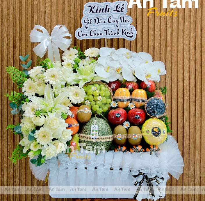 GIỎ TRÁI CÂY KÍNH VIẾNG PHỐI HOA SIÊU CHẤT LƯỢNG 