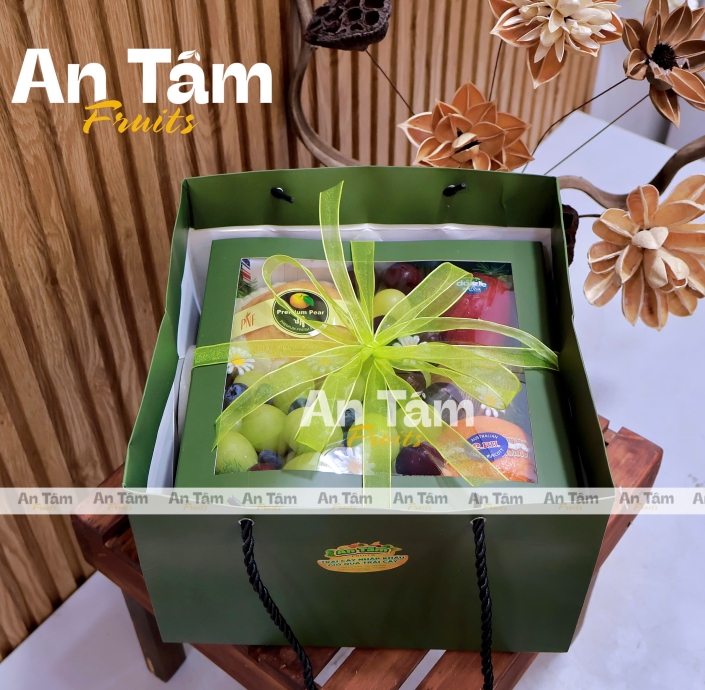 HỘP TRÁI CÂY TONE XANH RÊU MIX ĐỦ LOẠI TRÁI CHẤT LƯỢNG