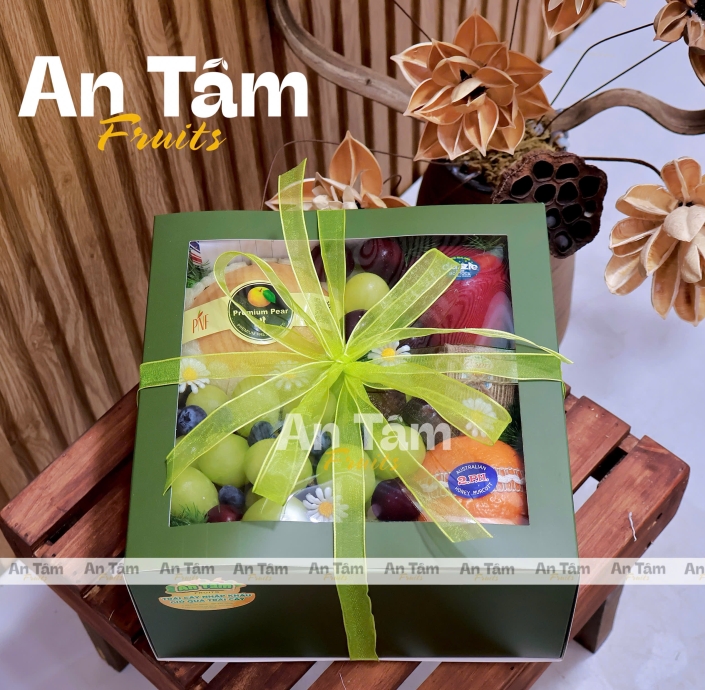 HỘP TRÁI CÂY TONE XANH RÊU MIX ĐỦ LOẠI TRÁI CHẤT LƯỢNG