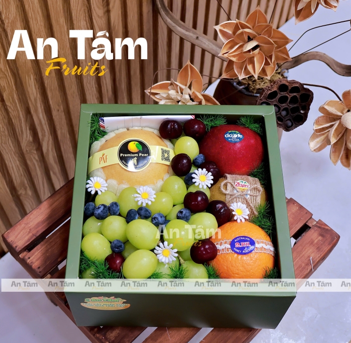 HỘP TRÁI CÂY TONE XANH RÊU MIX ĐỦ LOẠI TRÁI CHẤT LƯỢNG