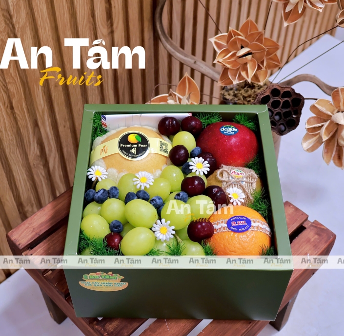 HỘP TRÁI CÂY TONE XANH RÊU MIX ĐỦ LOẠI TRÁI CHẤT LƯỢNG
