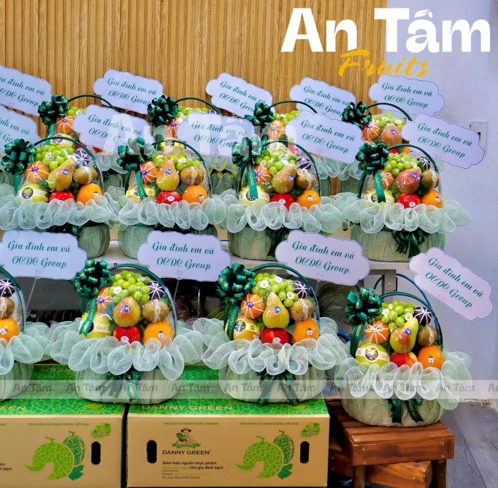 GIỎ TRÁI CÂY TONE XANH XÁM XINH IU LÀM QUÀ CẢM ƠN