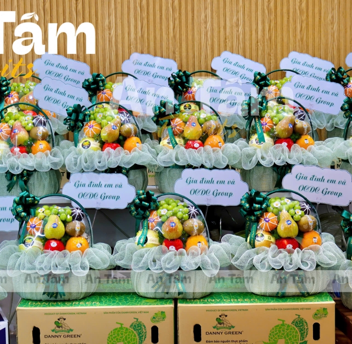 GIỎ TRÁI CÂY TONE XANH XÁM XINH IU LÀM QUÀ CẢM ƠN