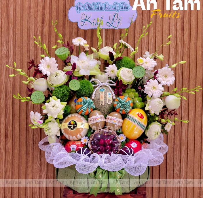 KHAY TRÁI CÂY PHỐI HOA SEN KÍNH LỄ SIÊU TO NẶNG