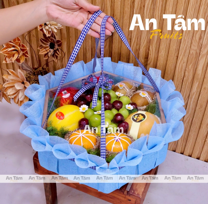 KHAY TRÁI CÂY LỤC GIÁC TONE XANH DƯƠNG 