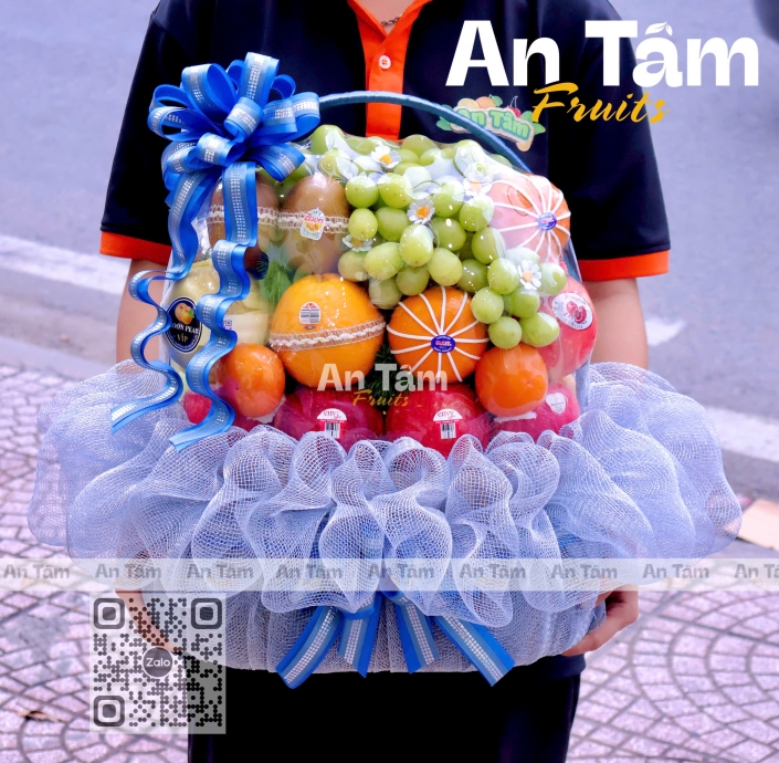 GIỎ TRÁI CÂY FULL TRÁI SANG TRỌNG TONE XÁM XANH