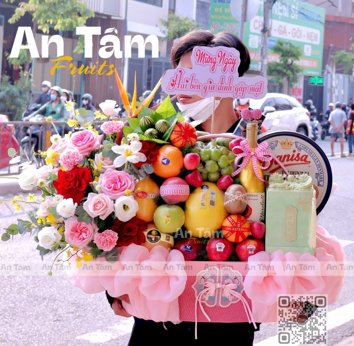 GIỎ TRÁI CÂY DẠM NGÕ 1 MẶT SIZE ĐẠI TONE HỒNG NGỌT NGÀO