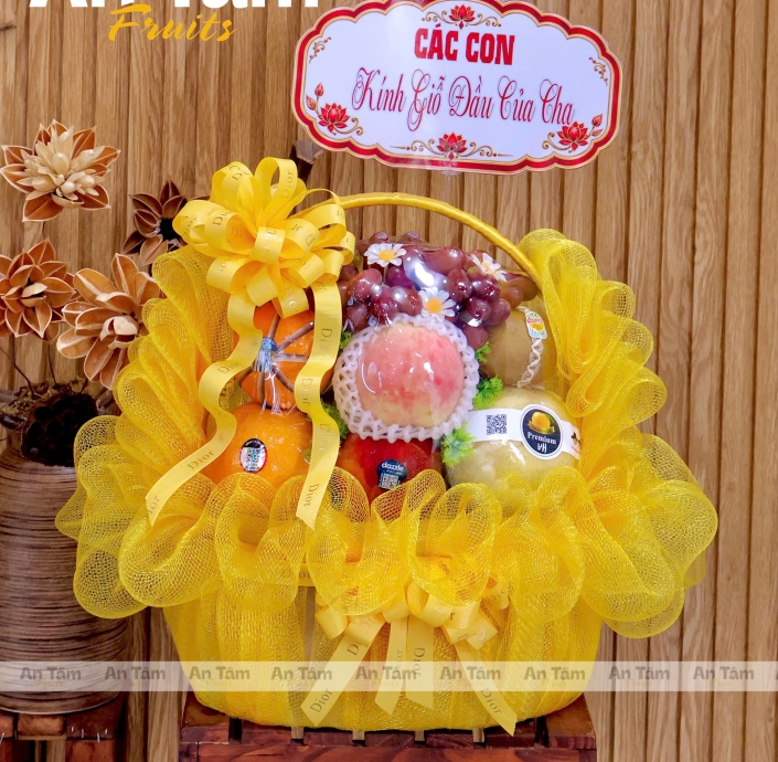 GIỎ TRÁI CÂY TONE VÀNG KÍNH GIỖ 